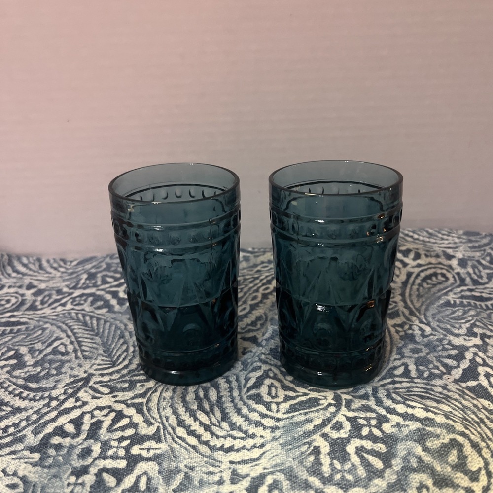 Tiara Kings Crown Thumbprint Riviera‎ Blue Indiana Glass 5oz Juice Glasses Qty 2